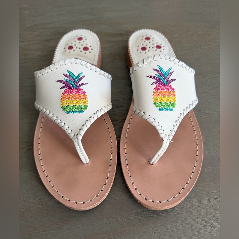 Jack Rogers classic leather flat sandal size 7.5 white with rainbow pineapples